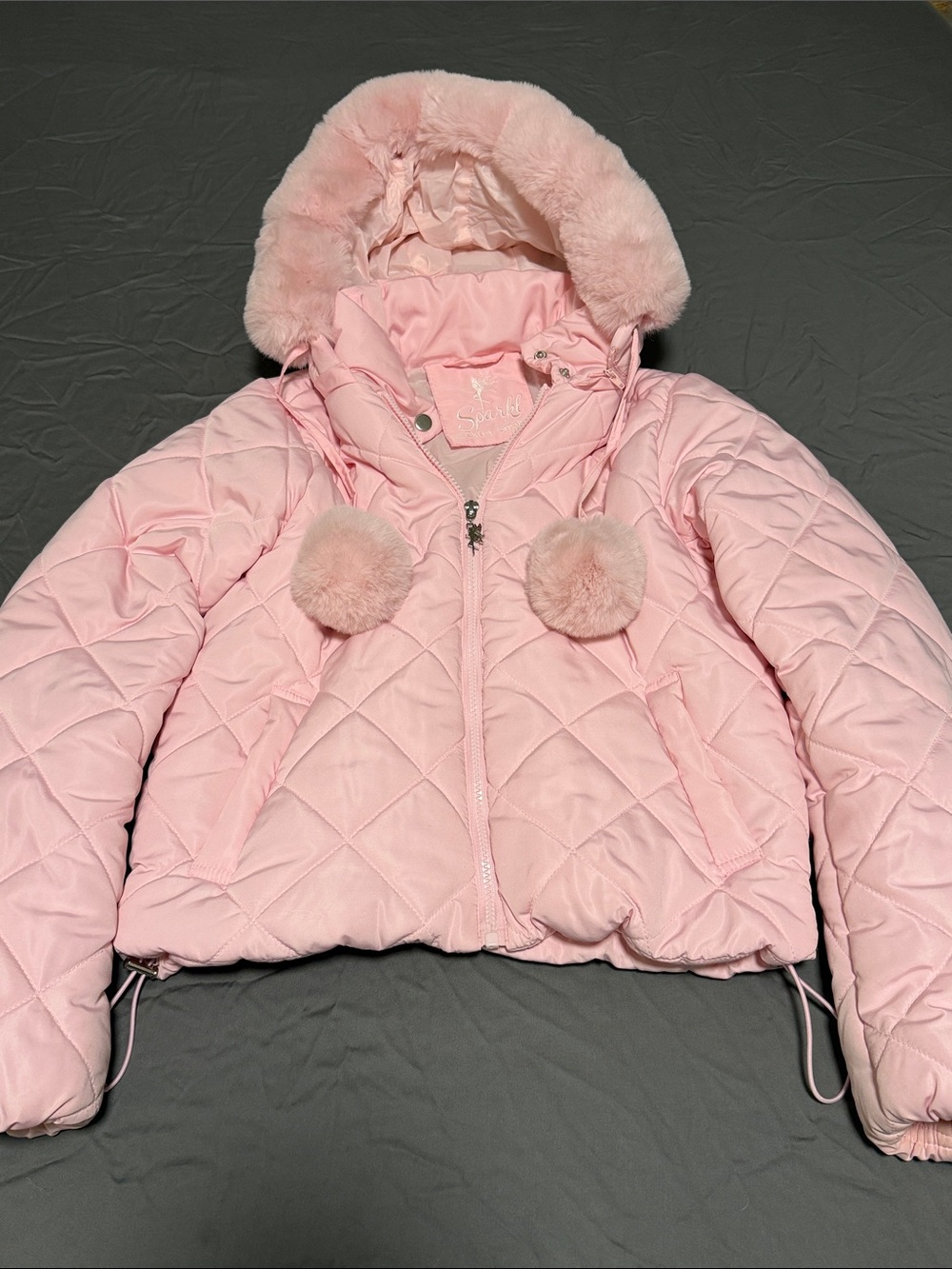 Pink Quilted Women's Jacket with Fur Trim